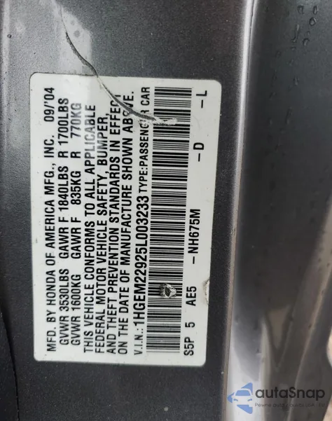 2005 Honda Civic Ex z USA, uszkodzony, nr VIN 1HGEM22925L003233